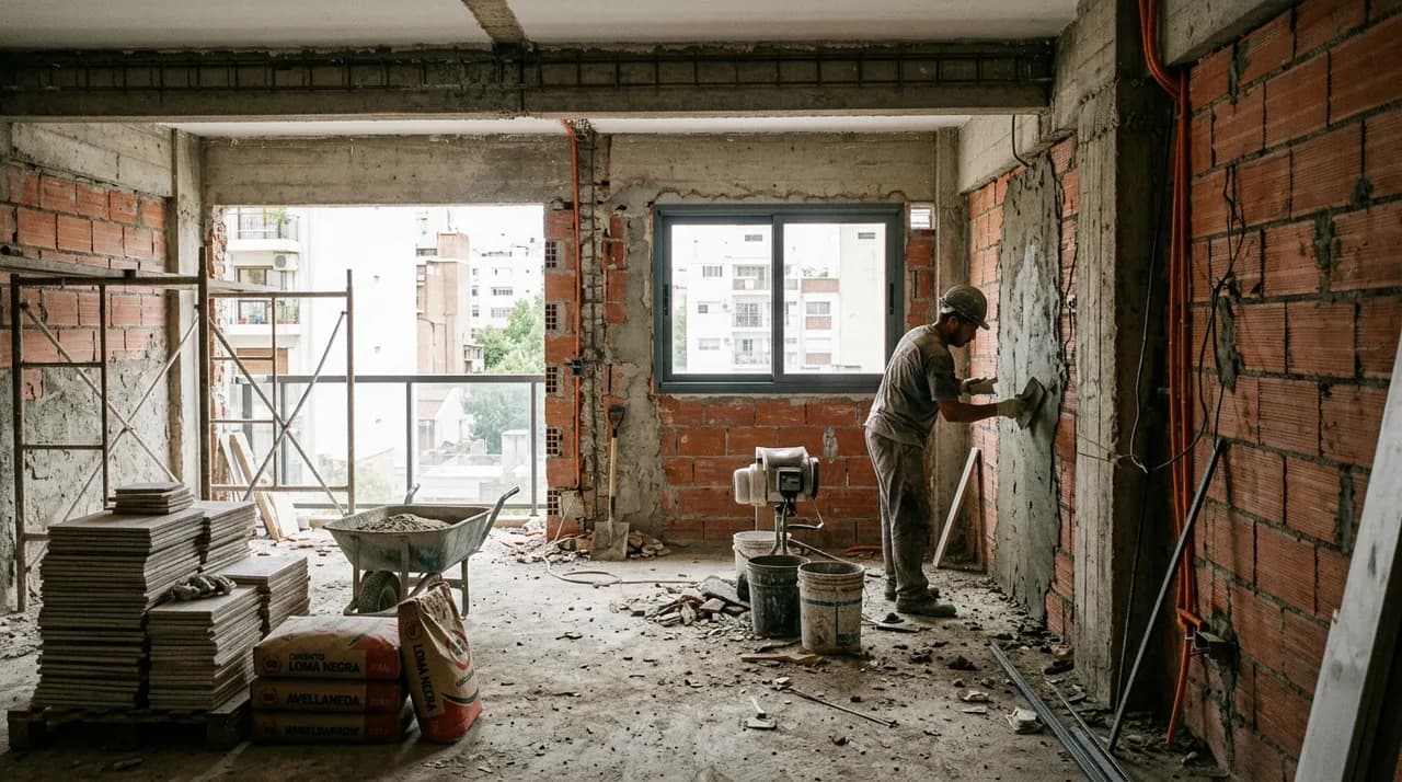 Obra de remodelación en proceso — construcción húmeda argentina con ladrillo y hormigón