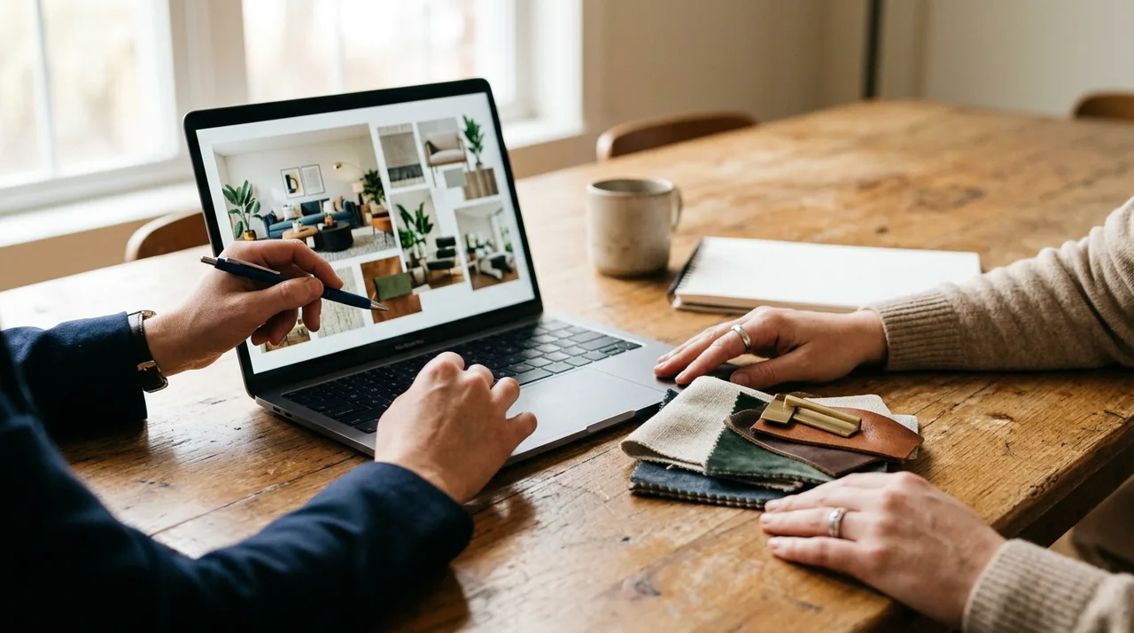 Reunión de diseño de Youarq — manos señalando proyecto en laptop con muestras de materiales